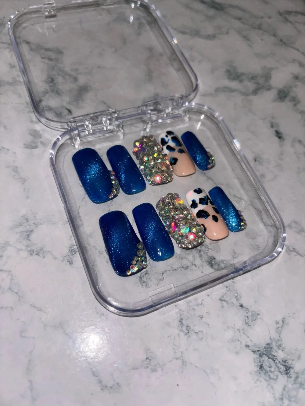 Blue Rhinestone & Leopard Print Press-On Nail Set